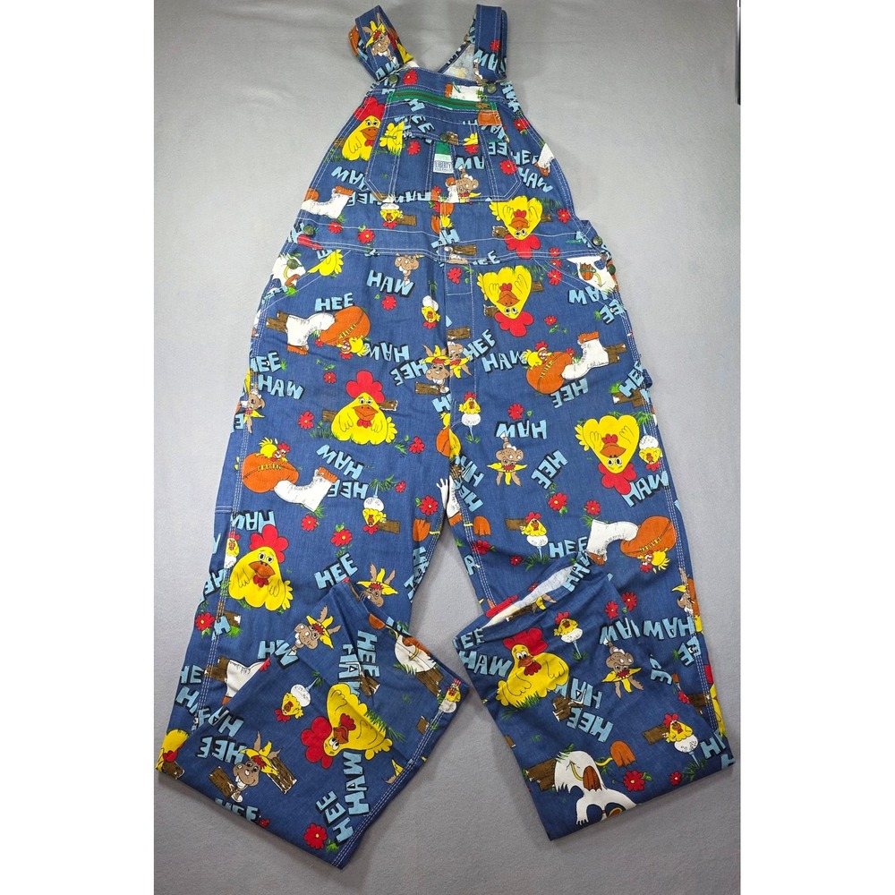 Vintage 70s Liberty Overalls Hee Haw Blue Denim Cartoon Print Bib Overalls 38x34